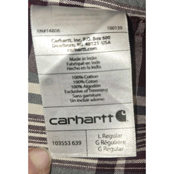 Carhartt Men’s L Plaid Short Sleeve Button Down Shirt Burgundy Gray Workwear - Picture 14 of 16
